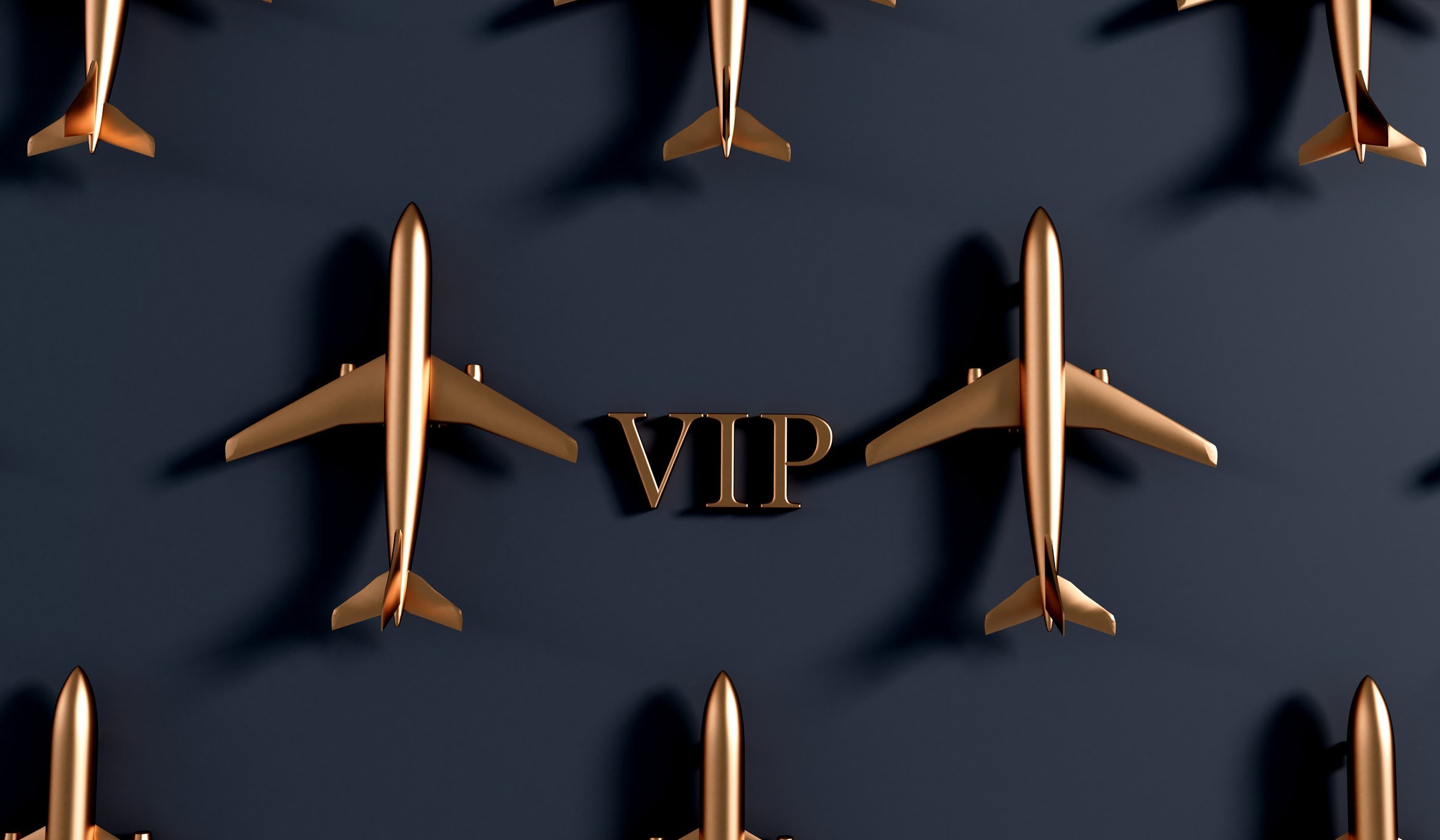 VIP airplane travel service gold background. 3D Rendering